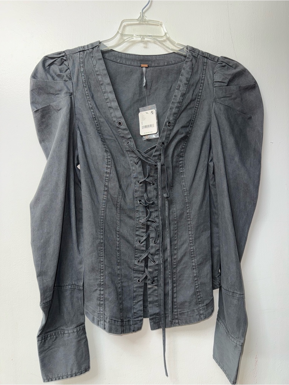 Free People Washed Gray Lace-Up V-Neck Blouse